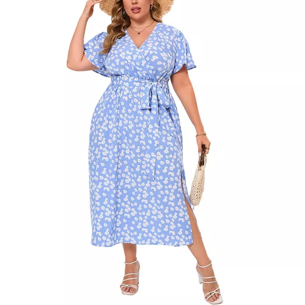 Plus Size Maxi Dress V Neck Summer Dress Short Sleeve with Belt